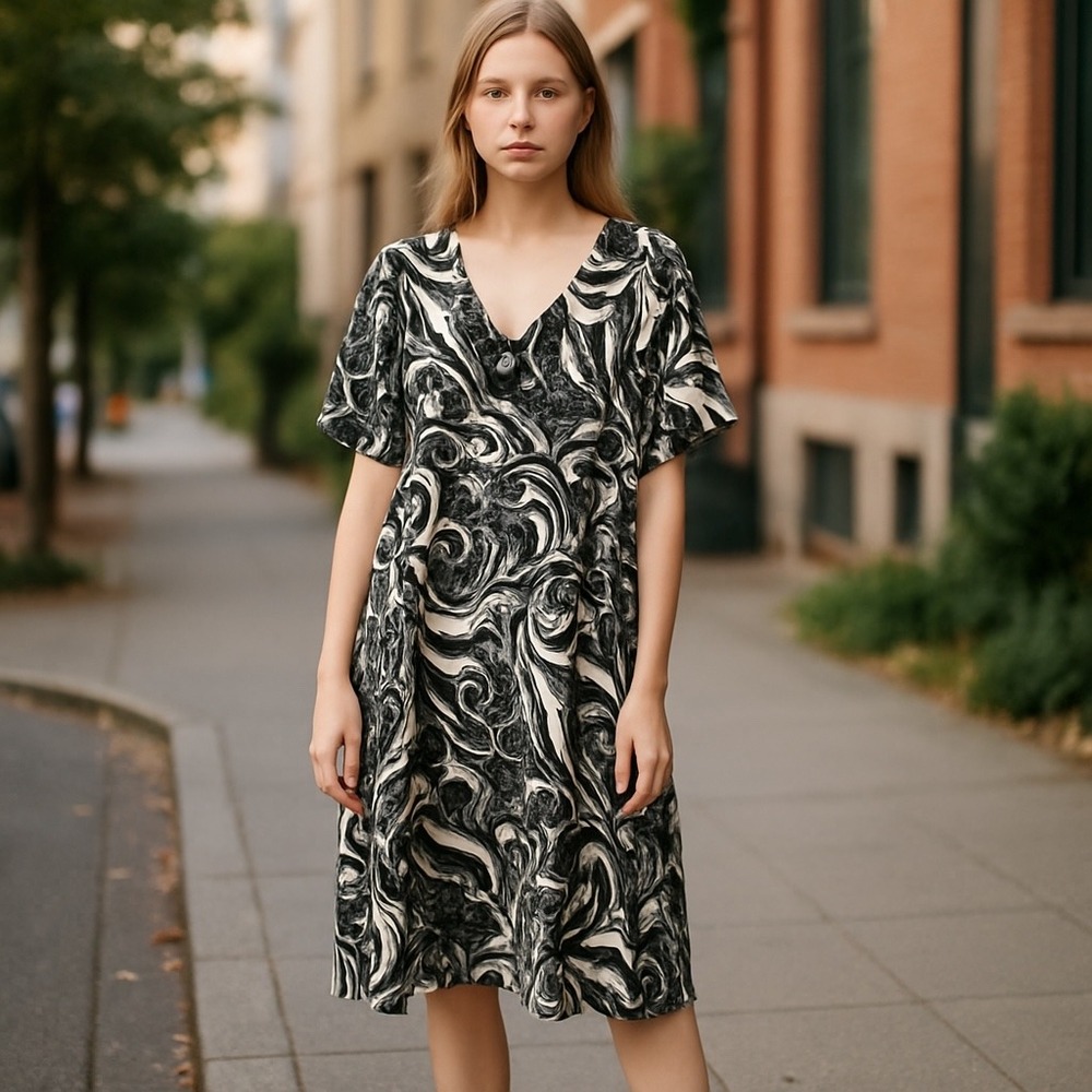 Talbots Petite Black & White Swirl Print Dress -‎ Career, Party, Casual